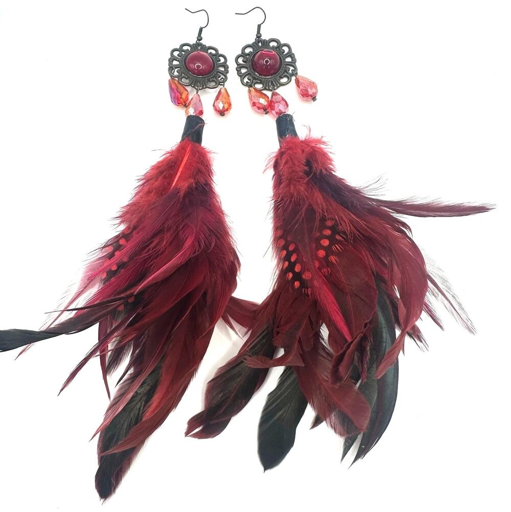 Bronze tone red glass beaded feathers extra long 9" hook drop statement earrings